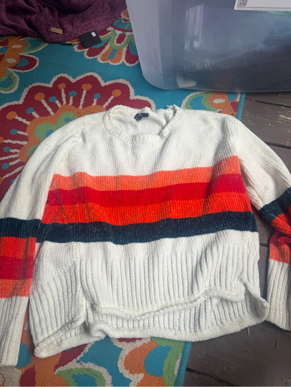 My Michelle Ivory Sweater with Red, Orange and Navy Stripes